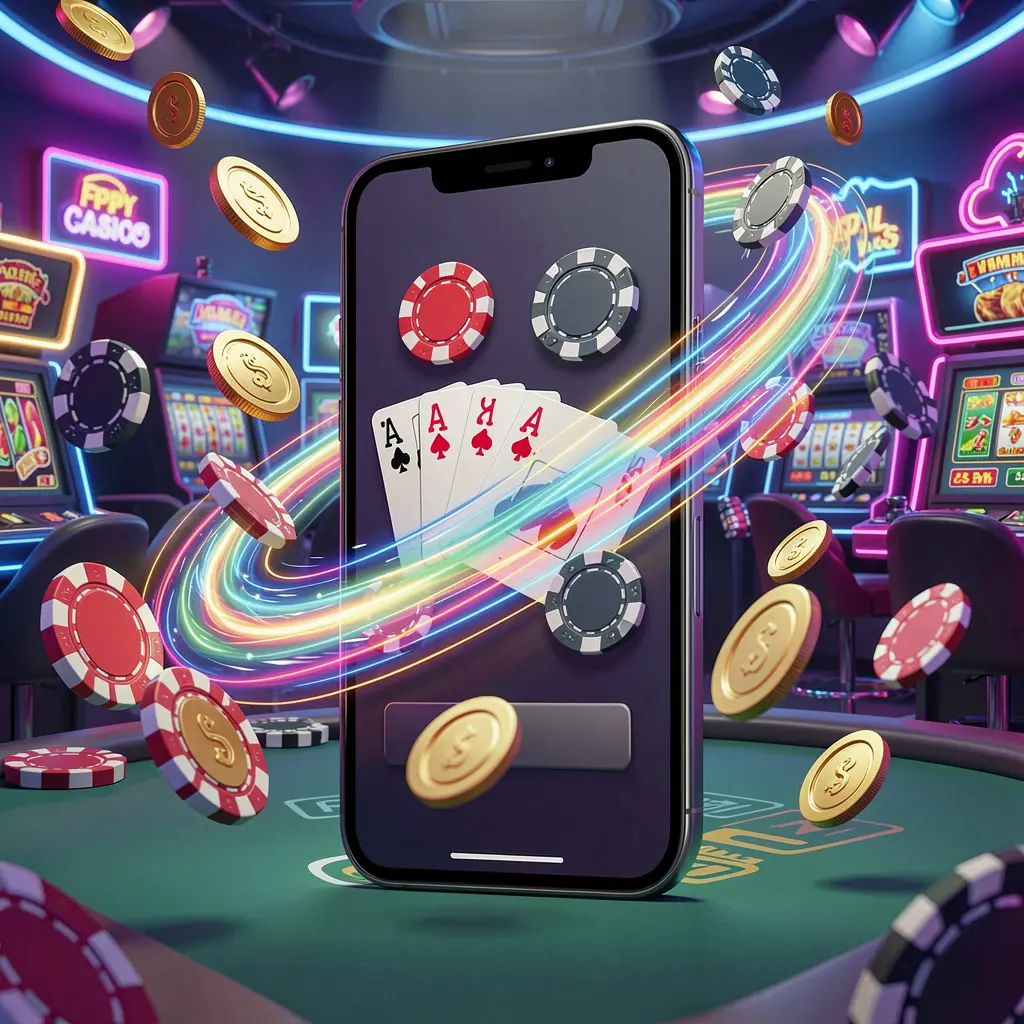 KUYA BET fast casino app access visual featuring a smartphone with speed light trails, coins and chips flying around against a modern neon casino background in a dynamic 3D render