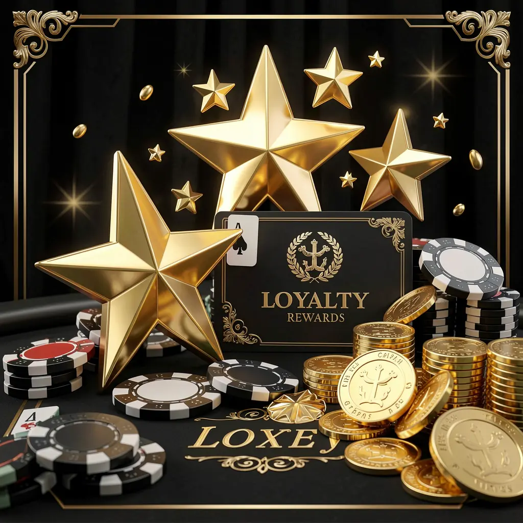 KUYA BET loyalty rewards casino image featuring golden stars, poker chips, coins, and a luxury reward card on an elegant black and gold background in a realistic 3D render