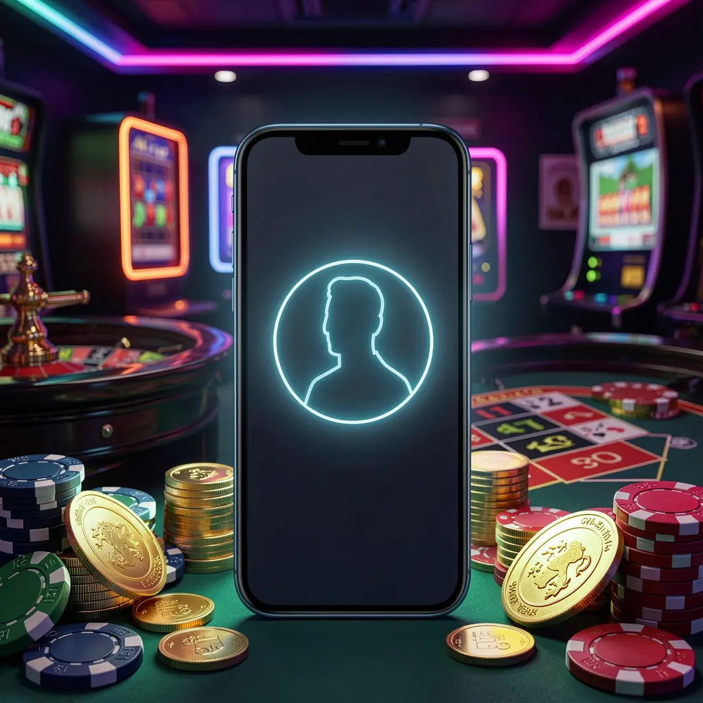 KUYA BET online casino login hero image featuring a modern phone with a glowing profile icon, roulette lights in the background, and golden coins and poker chips in a premium dark neon atmosphere