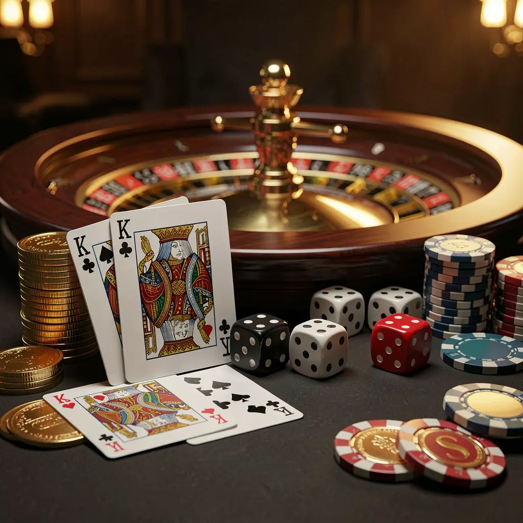 KUYA BET elegant online casino homepage featuring royal flush cards, dice, golden coins, poker chips on a dark table with a glowing roulette wheel in the background in a cinematic 3D render